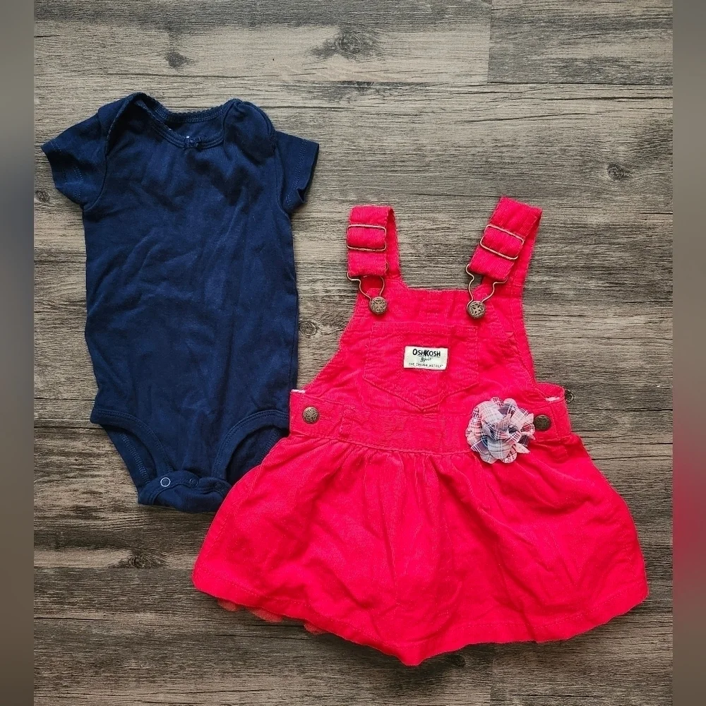 OshKosh B'gosh Vestbak Red Corduroy Overalls Dress with Blue Carter's Onesie